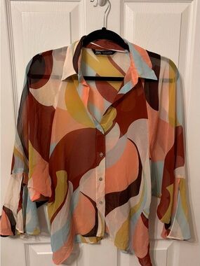 ZARA Sheer Abstract Print Button Down Blouse Size Small Multicolor Retro Chi